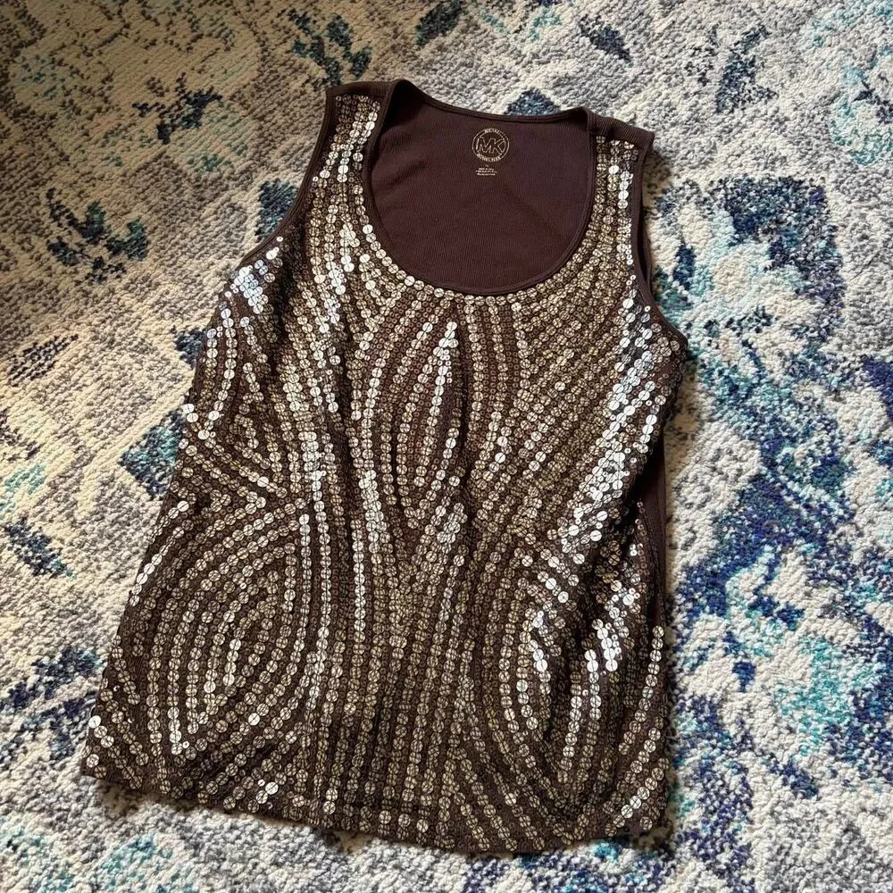 Michael Kors Brown Sequin Tank Top Sleeveless Y2K Ribbed Back Size 1X
